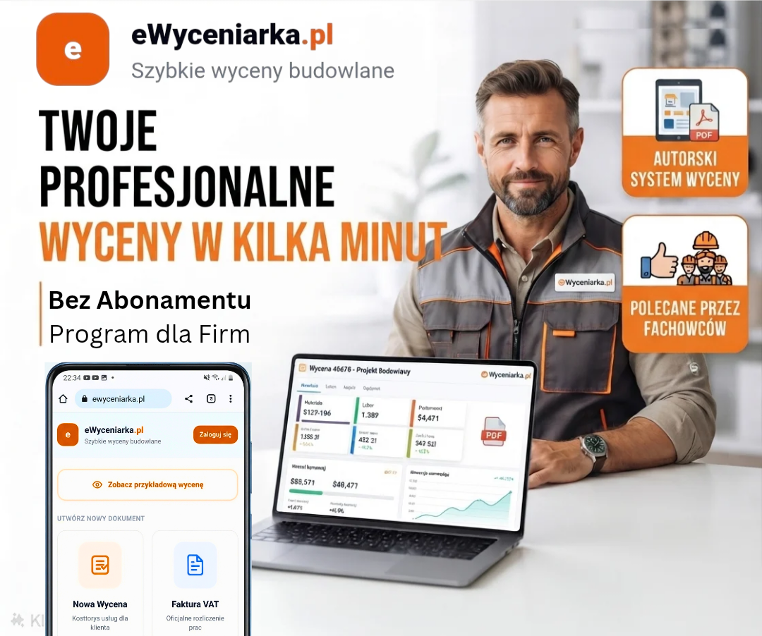 Wizerunek firmy budowlanej z wyceną PDF i fakturą
